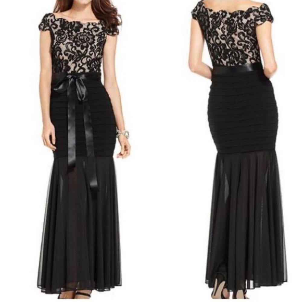Betsy & Adam Women's Off The Shoulder Gothic Floral Lace Maxi Fishtail Dress 6
